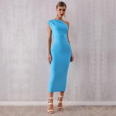 Elegante vestido de noche azul cielo ajustado, sin mangas, de una pieza, con un solo hombro y vendaje