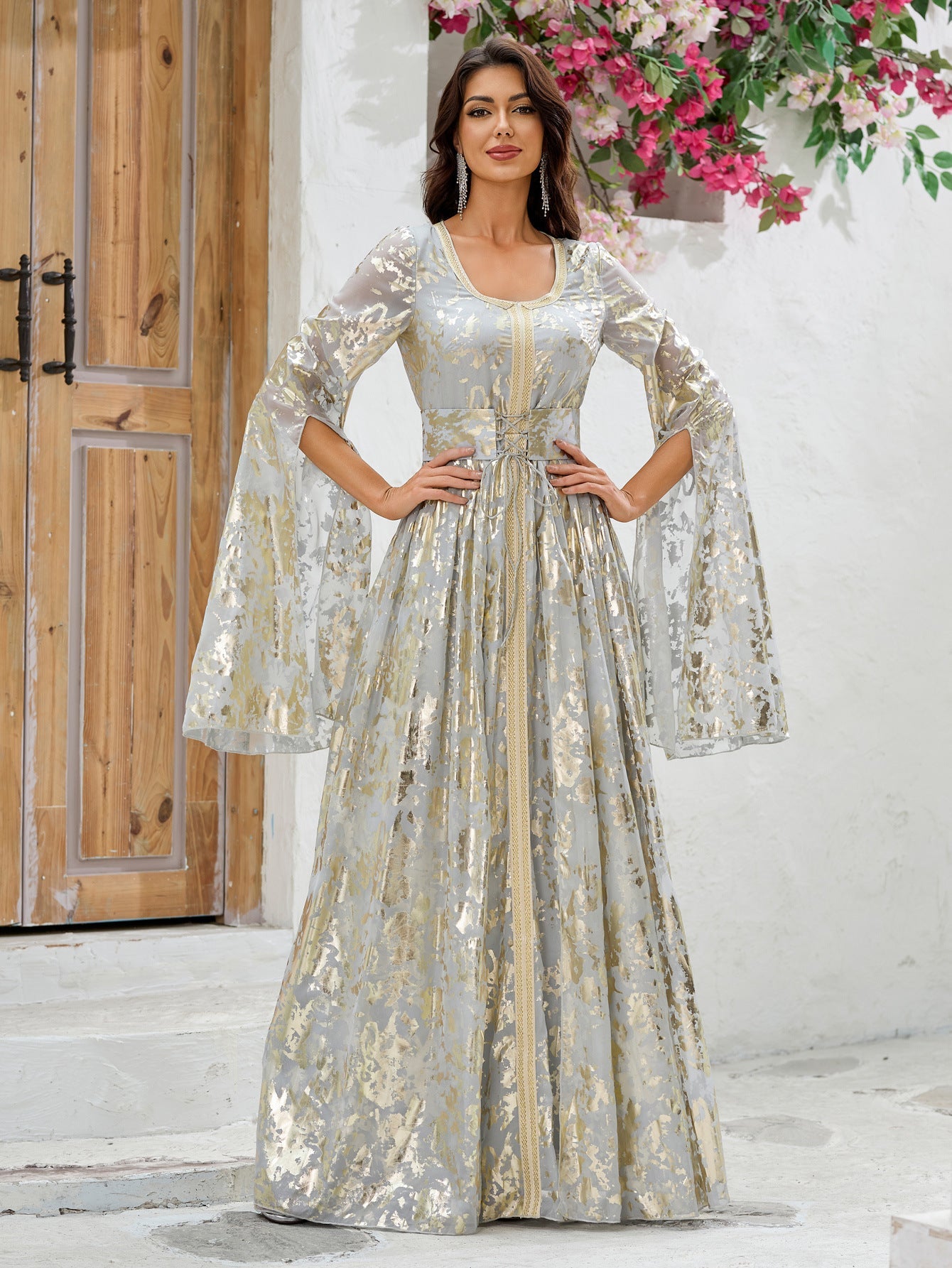 Vestido de cóctel de noche para mujer, manga larga, estampado bronceado, cintura árabe