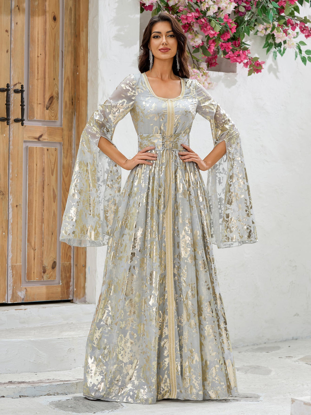 Vestido de cóctel de noche para mujer, manga larga, estampado bronceado, cintura árabe