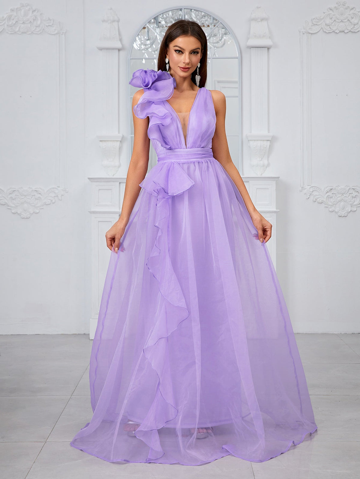 Vestido de noche de fiesta romántico dulce con faja de encaje tridimensional de organza sin mangas con escote en V