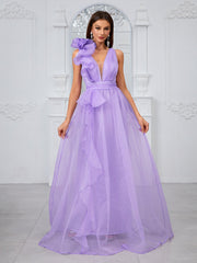 Vestido de noche de fiesta romántico dulce con faja de encaje tridimensional de organza sin mangas con escote en V