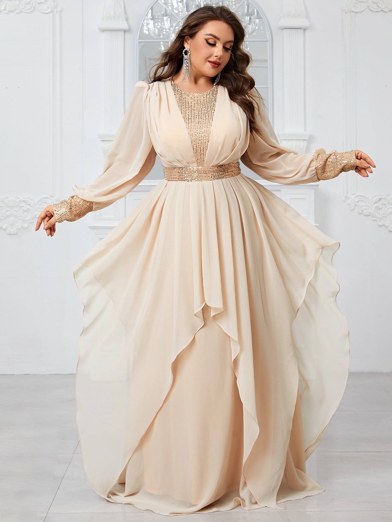 Plus Size Chiffon Stitching Sequined Lantern Sleeve Irregular Asymmetric Ruffles Elegant Party Dress