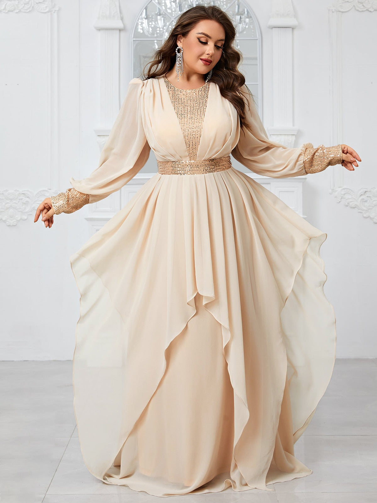 Plus Size Chiffon Stitching Sequined Lantern Sleeve Irregular Asymmetric Ruffles Elegant Party Dress