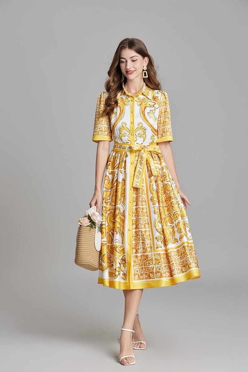 Printed Belted Button A Line Dress