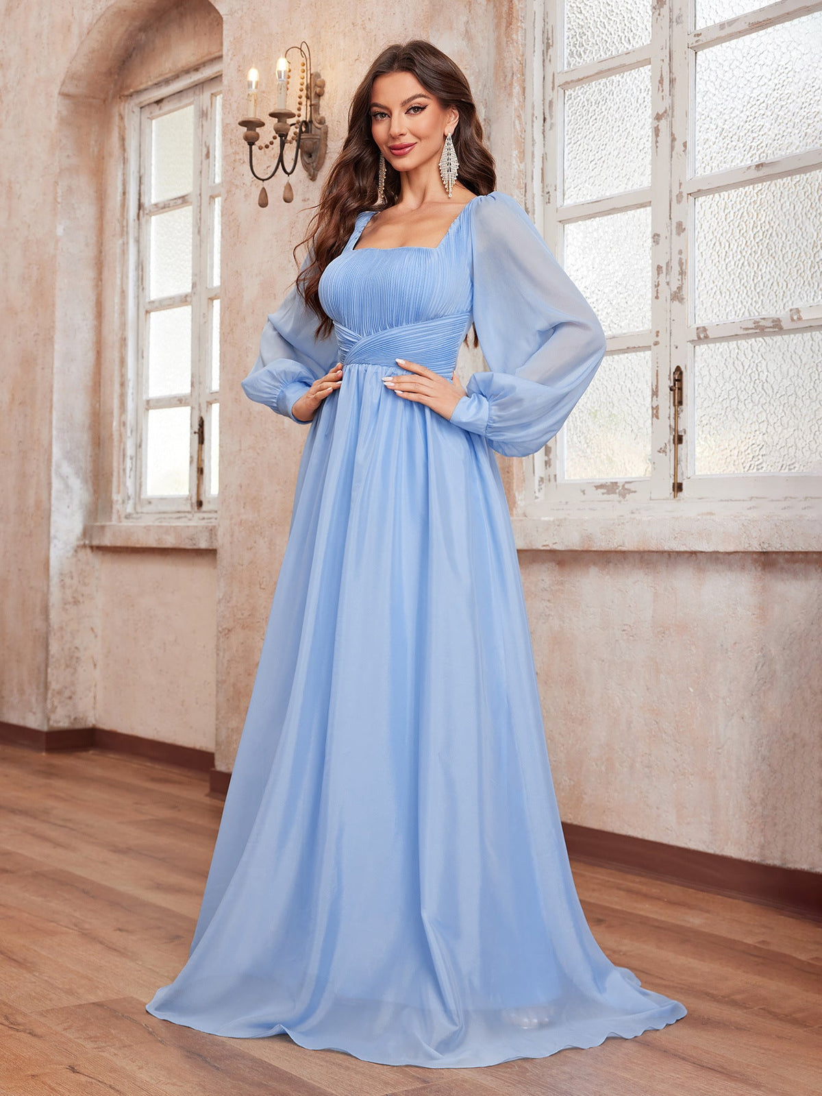 Chiffon Square Collar Dress Lantern Sleeve Elegant Graceful Ground Dress