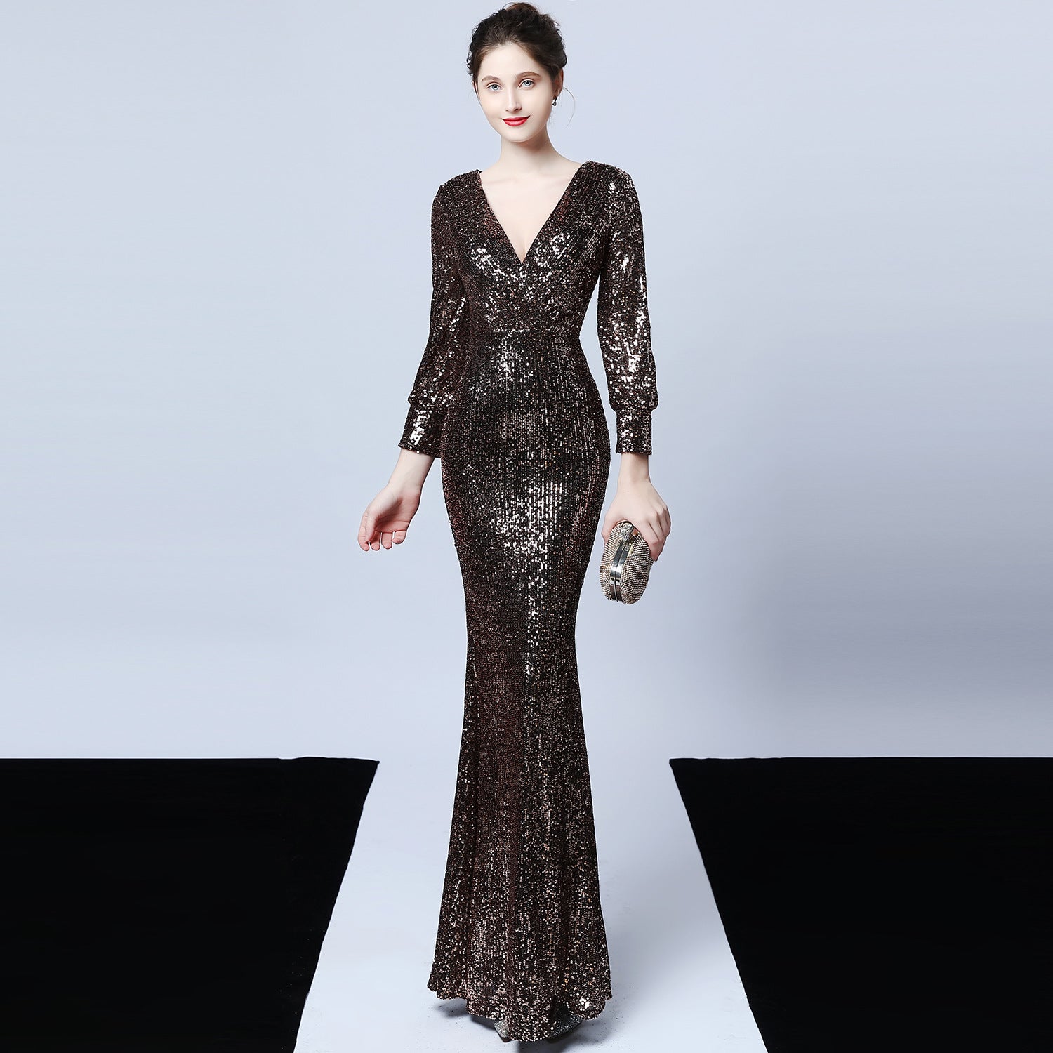 Cocktail Elegant Long Long Sleeve Sequined Atmosphere Queen Fishtail Evening Dress