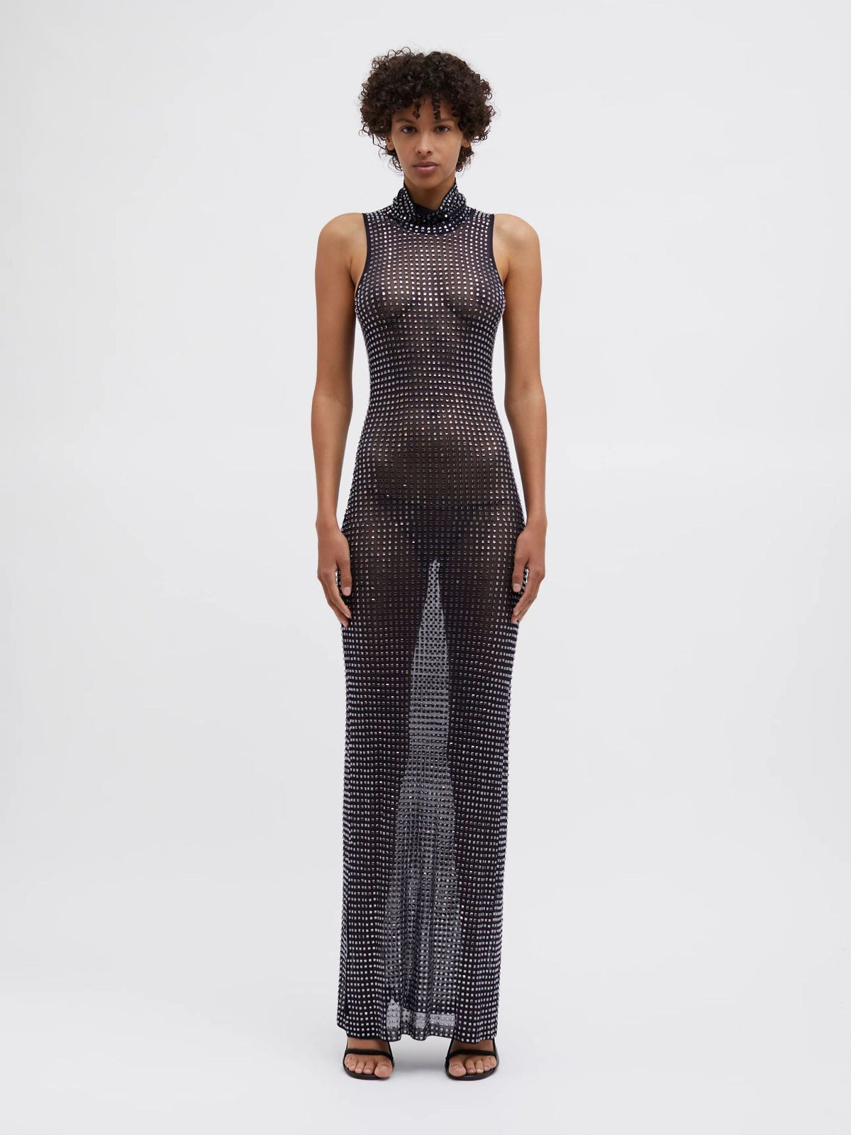 Vestido maxi transparente con aberturas, malla y diamantes de imitación, sin mangas