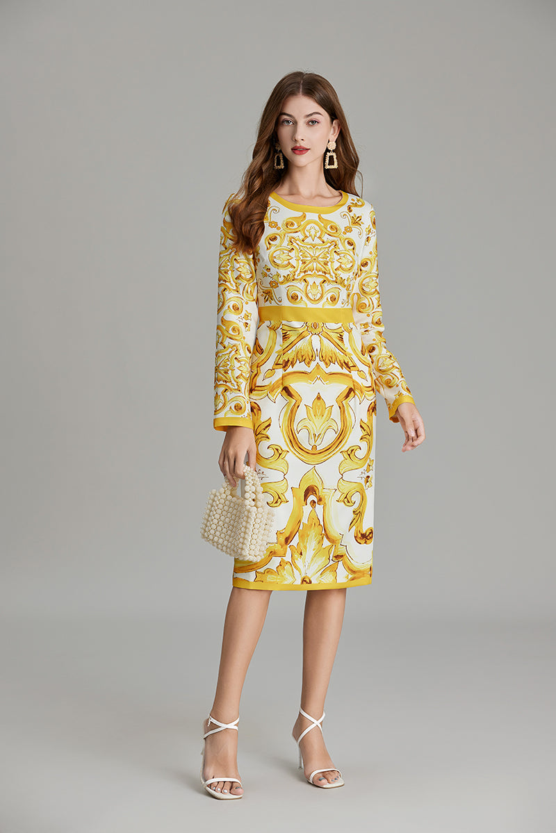 Vestido camisero estampado de cuello redondo y corte A hasta la rodilla de otoño