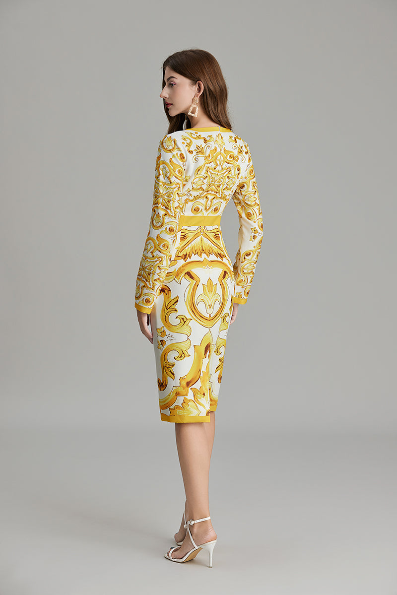 Vestido camisero estampado de cuello redondo y corte A hasta la rodilla de otoño