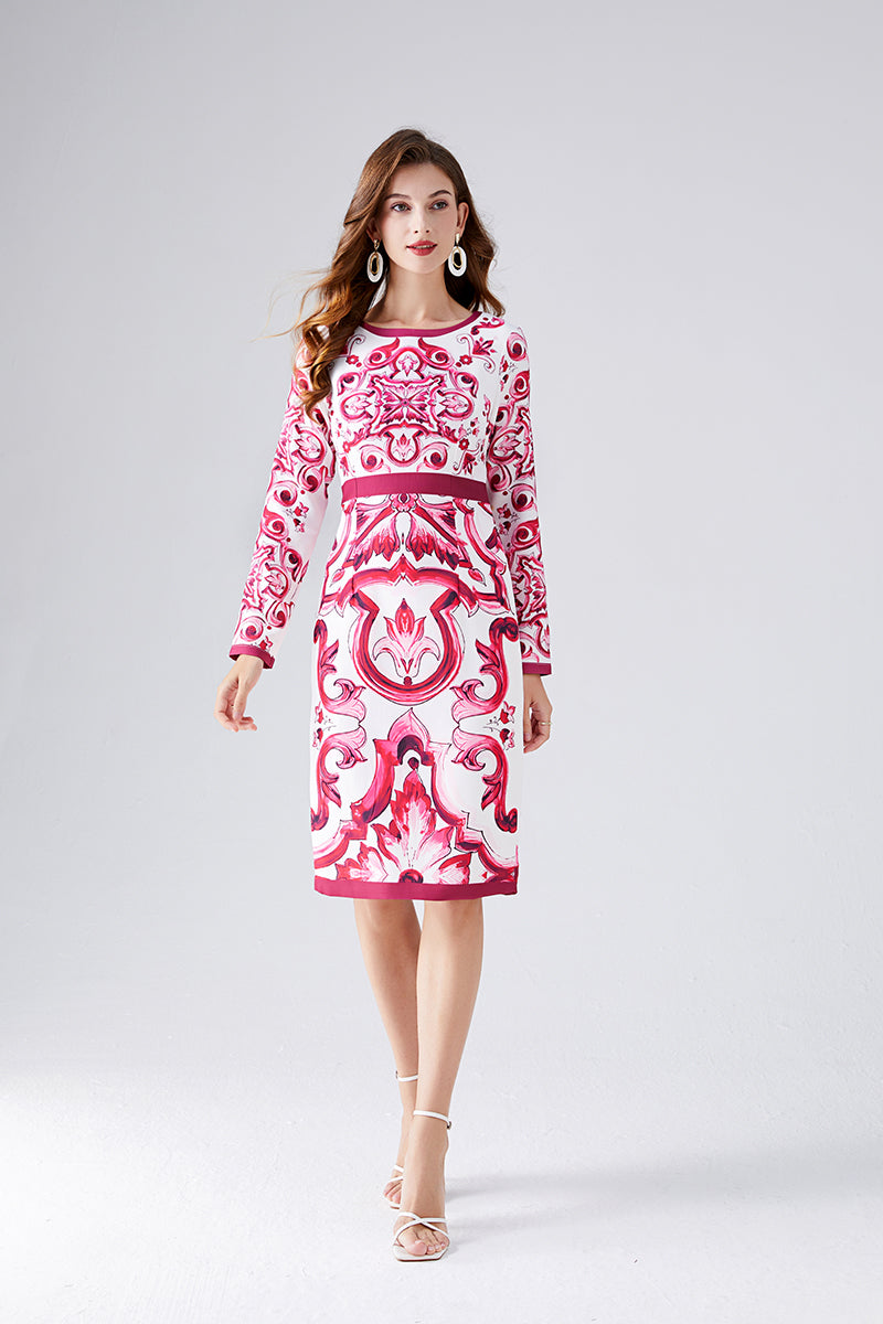 Vestido camisero estampado de cuello redondo y corte A hasta la rodilla de otoño