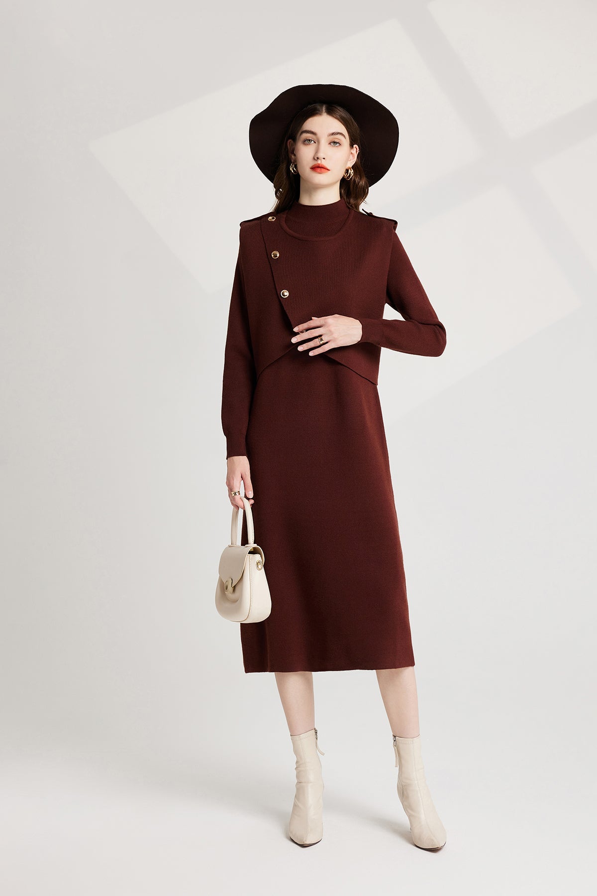 Conjunto de dos piezas de vestido de punto con cuello semialto, manga larga y grueso, distintivo