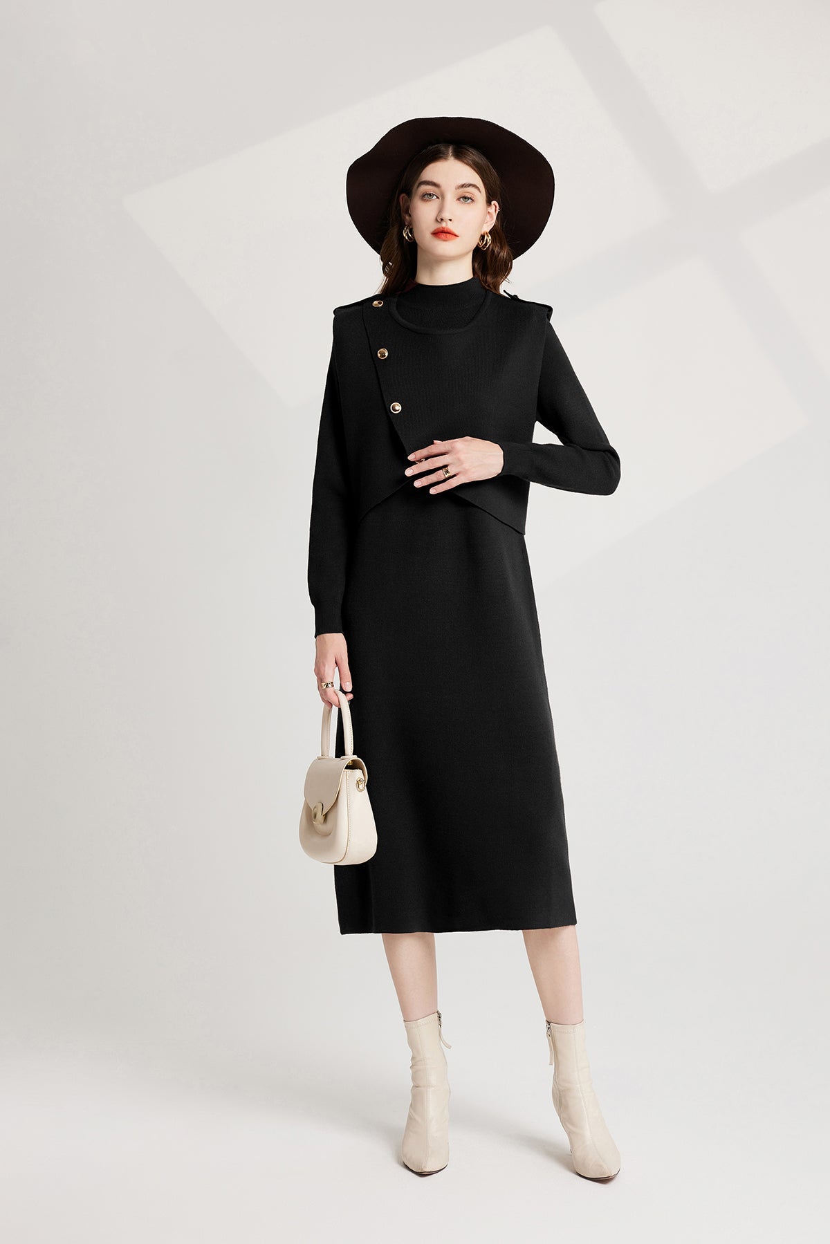 Conjunto de dos piezas de vestido de punto con cuello semialto, manga larga y grueso, distintivo
