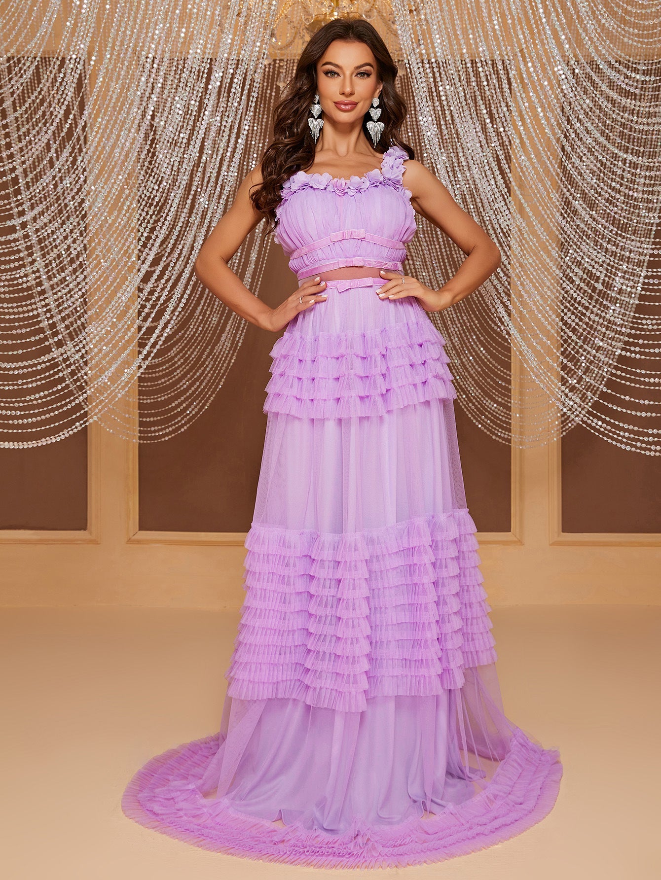 Lace Sling Maxi Dress Sleeveless Cake Multi Layer Stitching Elegant Dress