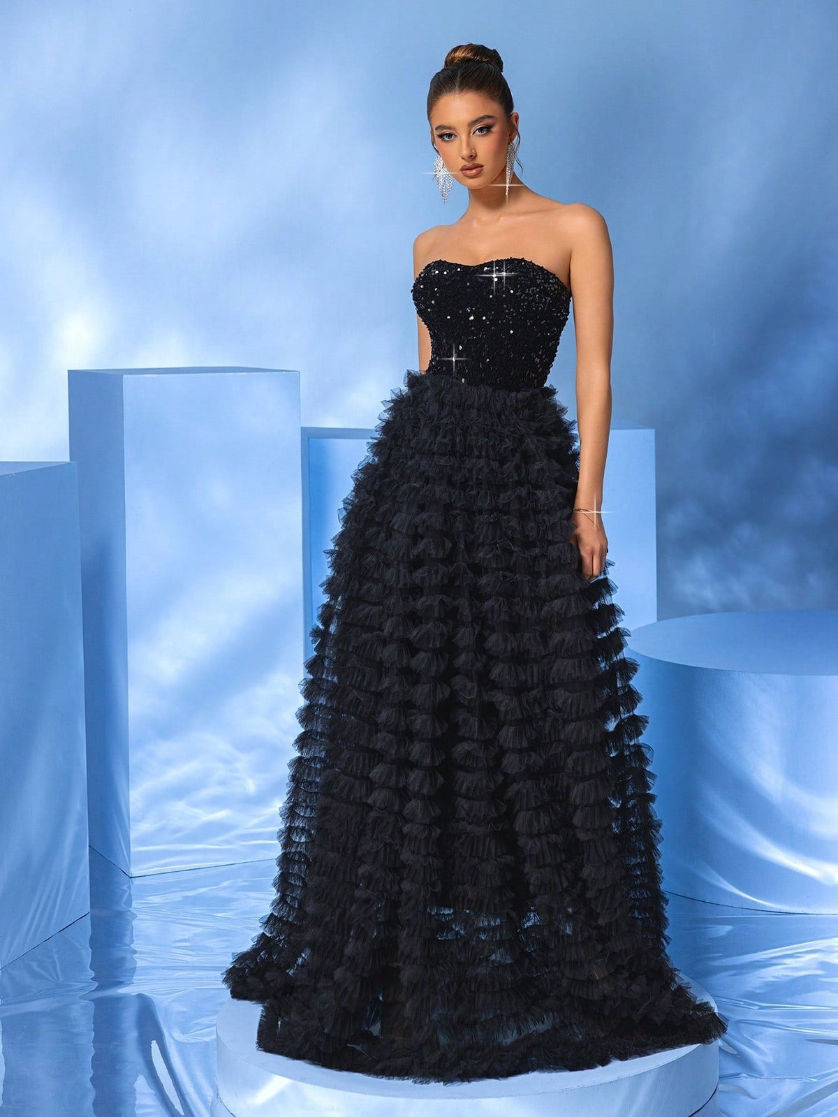Strapless Black Mesh Sequ Dress