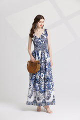 V Neck Print High Waisted Dress For