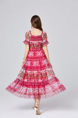 Vintage Palace Positioning Print Shoulder Rubber Stretch Dress