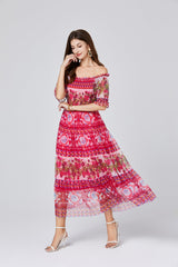 Vintage Palace Positioning Print Shoulder Rubber Stretch Dress