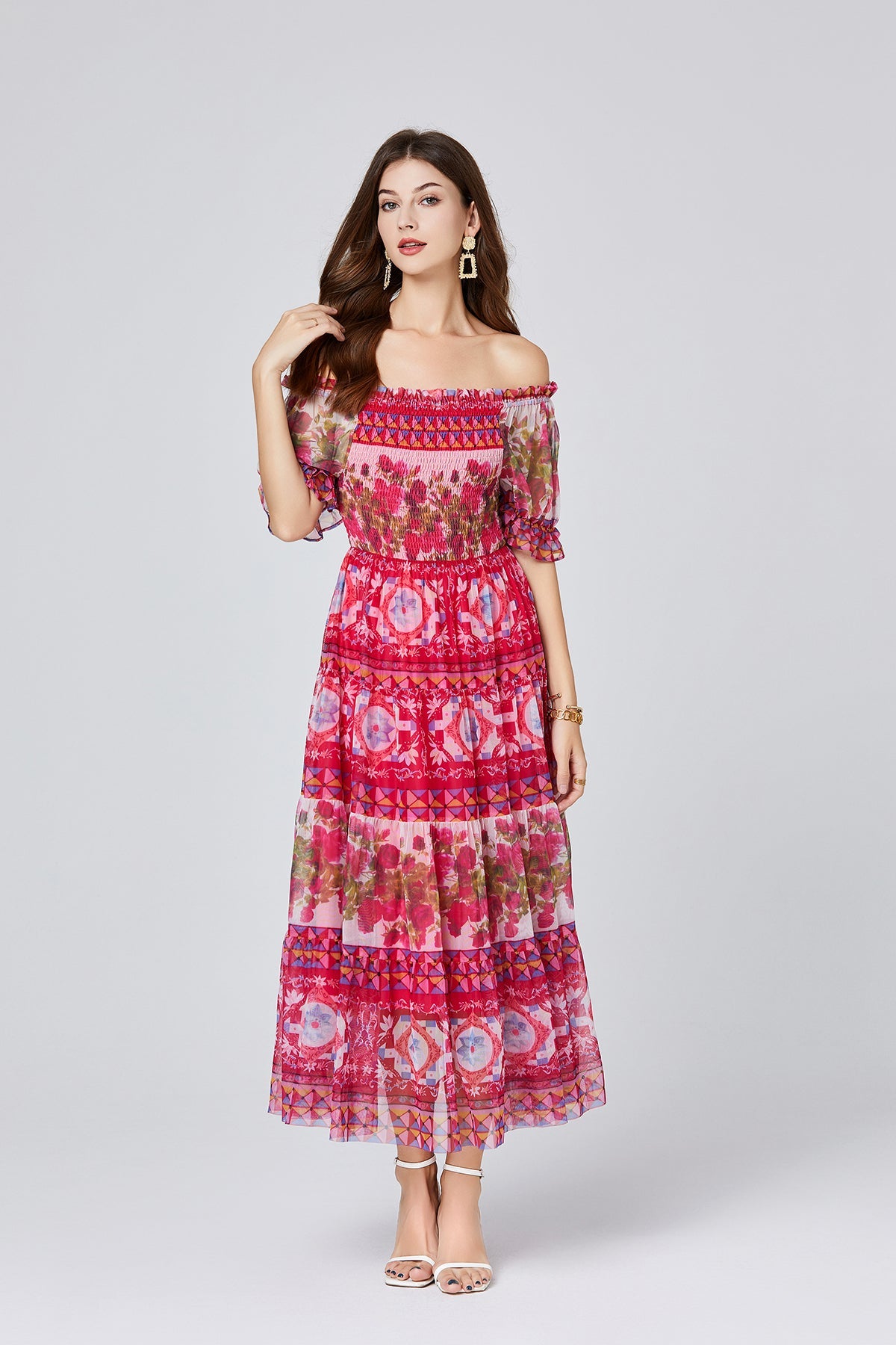 Vintage Palace Positioning Print Shoulder Rubber Stretch Dress