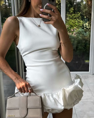 Solid Color Frilled Round Neck Sleeveless Dress