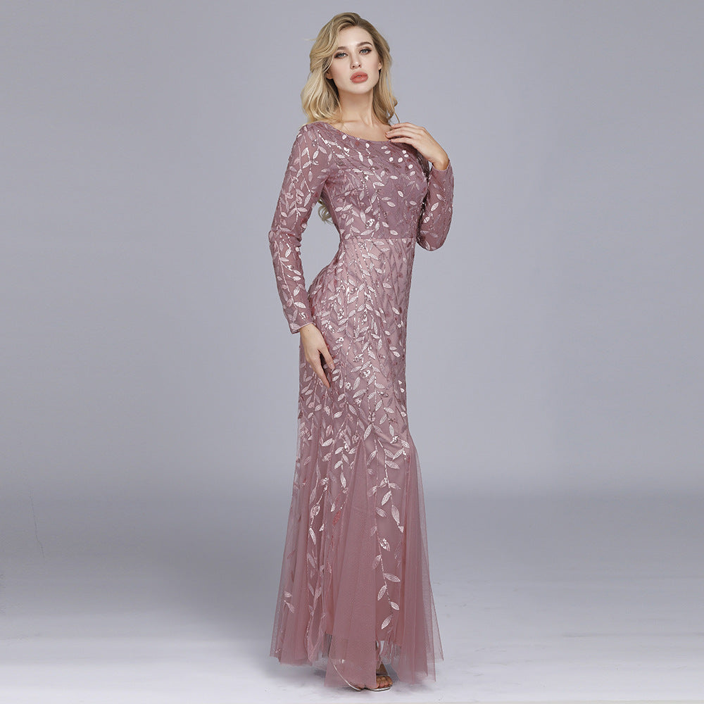 Multi-Color Long Sleeve round Neck Fishtail Banquet Evening Dress for