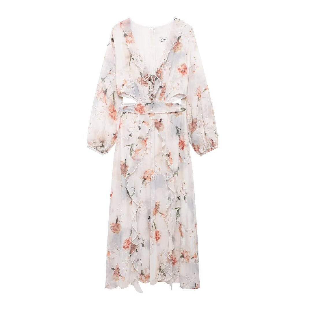 Waist Opening Design Printing Dress