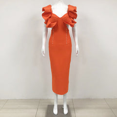 Elegante vestido midi de vendaje retro naranja de alta gama