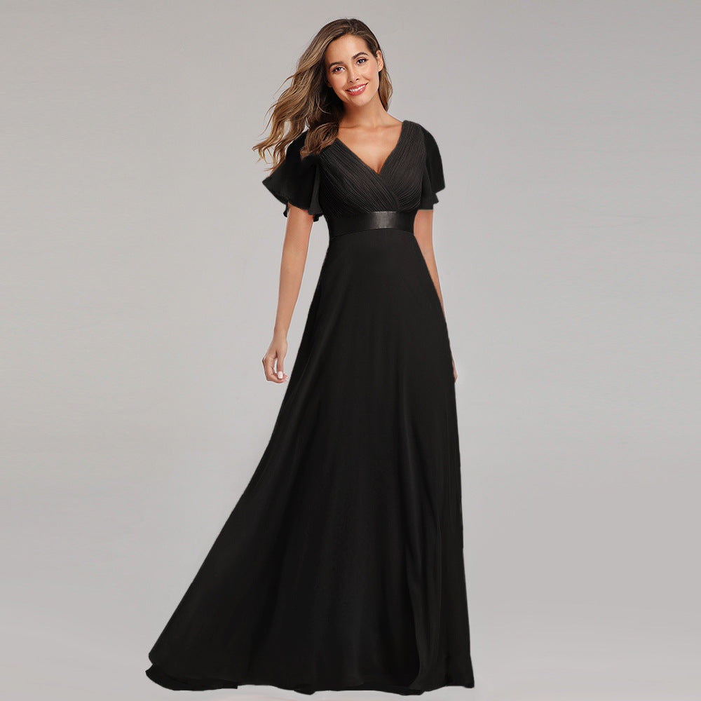 Hand-Folded Large V-neck Dress Chiffon Elastic Banquet Bridesmaid Evening Dress for