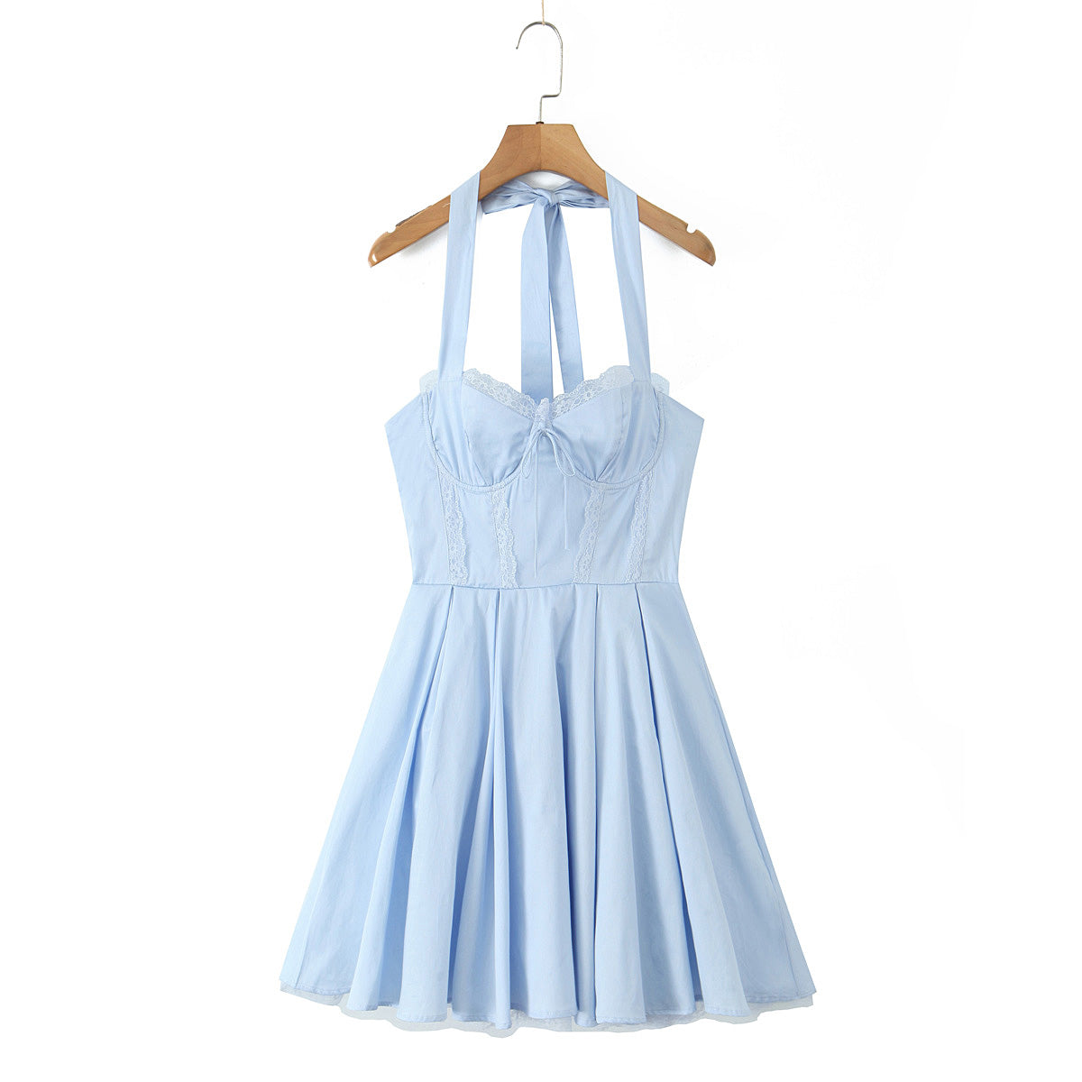 Blue Halter Dress Fitted Waist Backless Sweet Pettidress