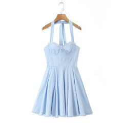 Blue Halter Dress Fitted Waist Backless Sweet Pettidress