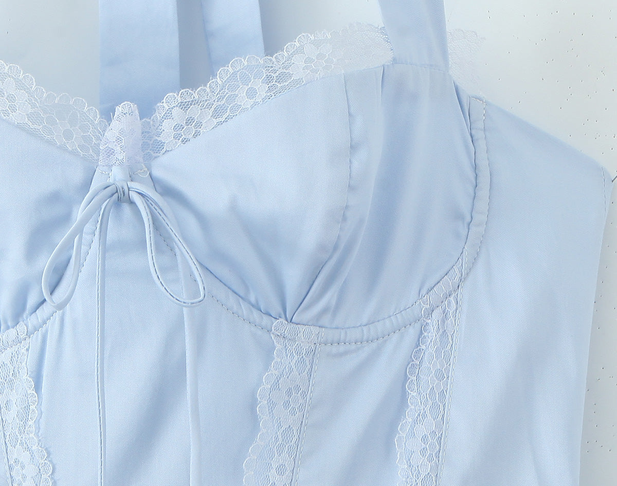 Blue Halter Dress Fitted Waist Backless Sweet Pettidress