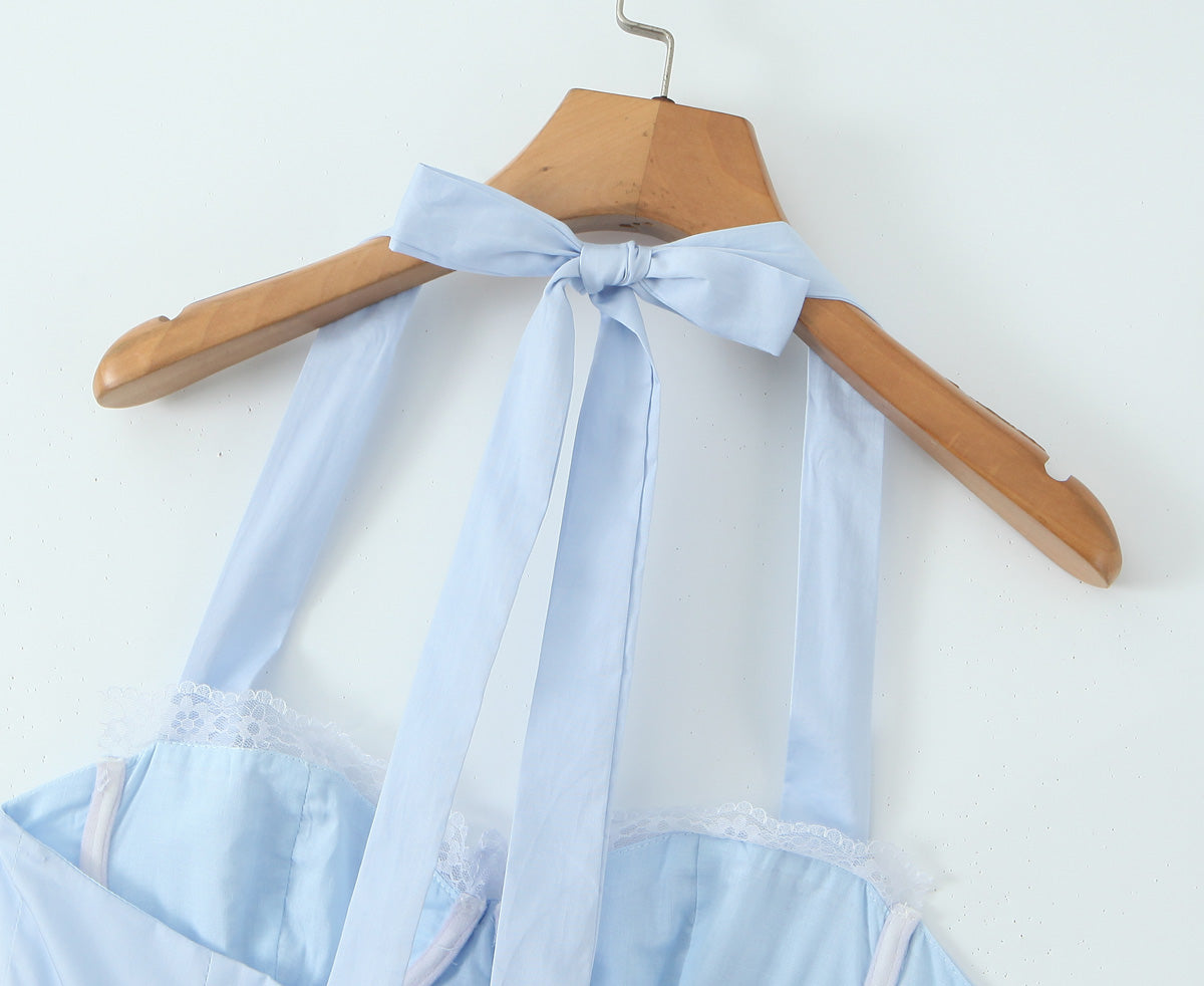 Blue Halter Dress Fitted Waist Backless Sweet Pettidress