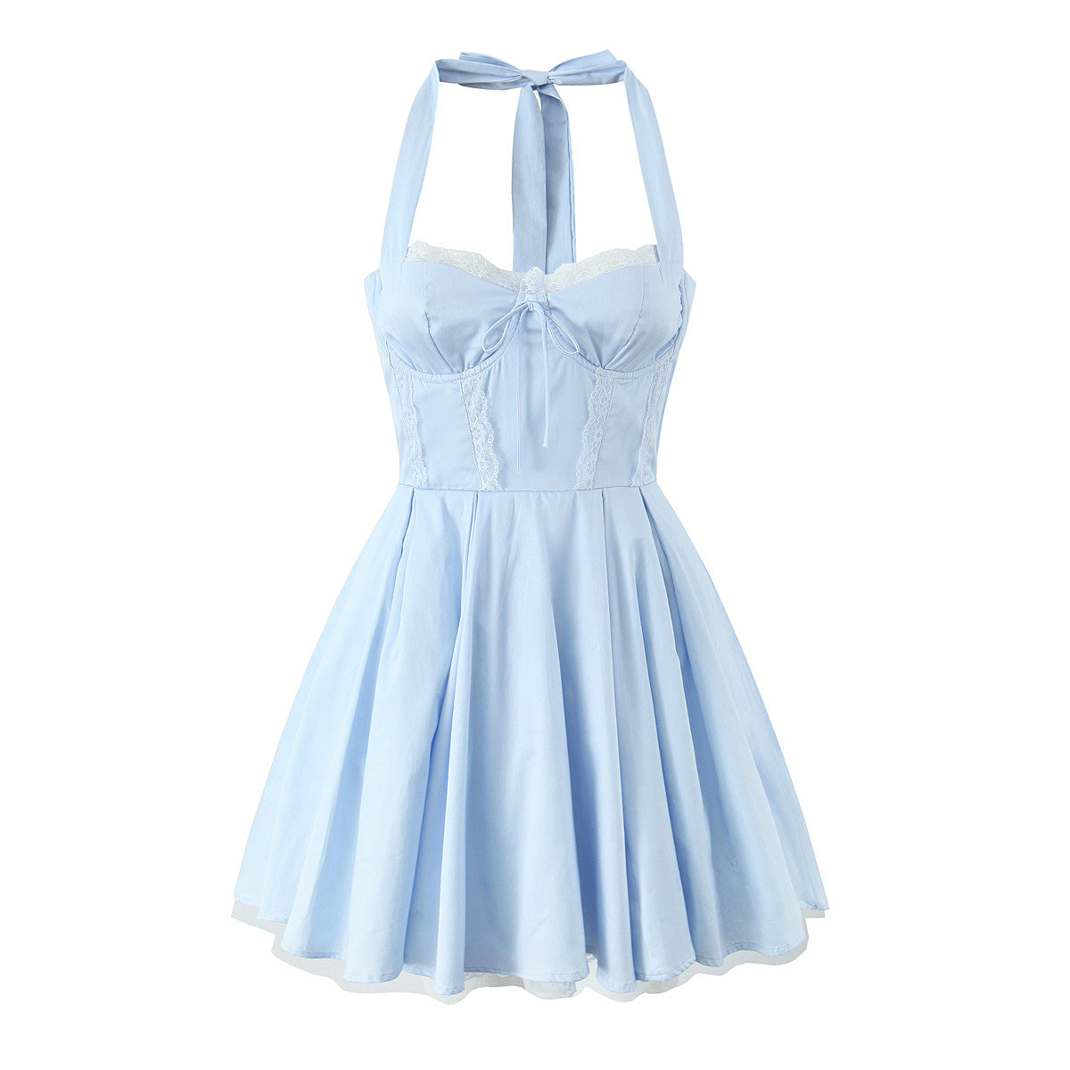 Blue Halter Dress Fitted Waist Backless Sweet Pettidress