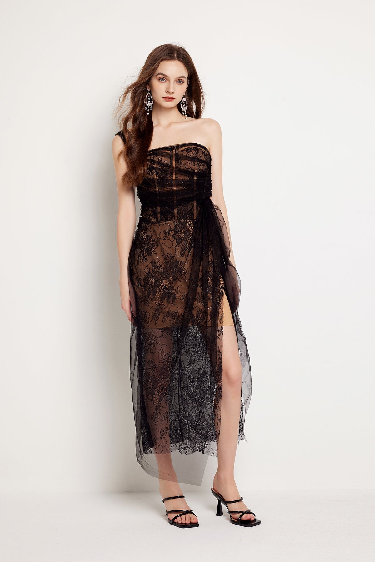 Fishbone Lace Gauze Slit Slim Dress