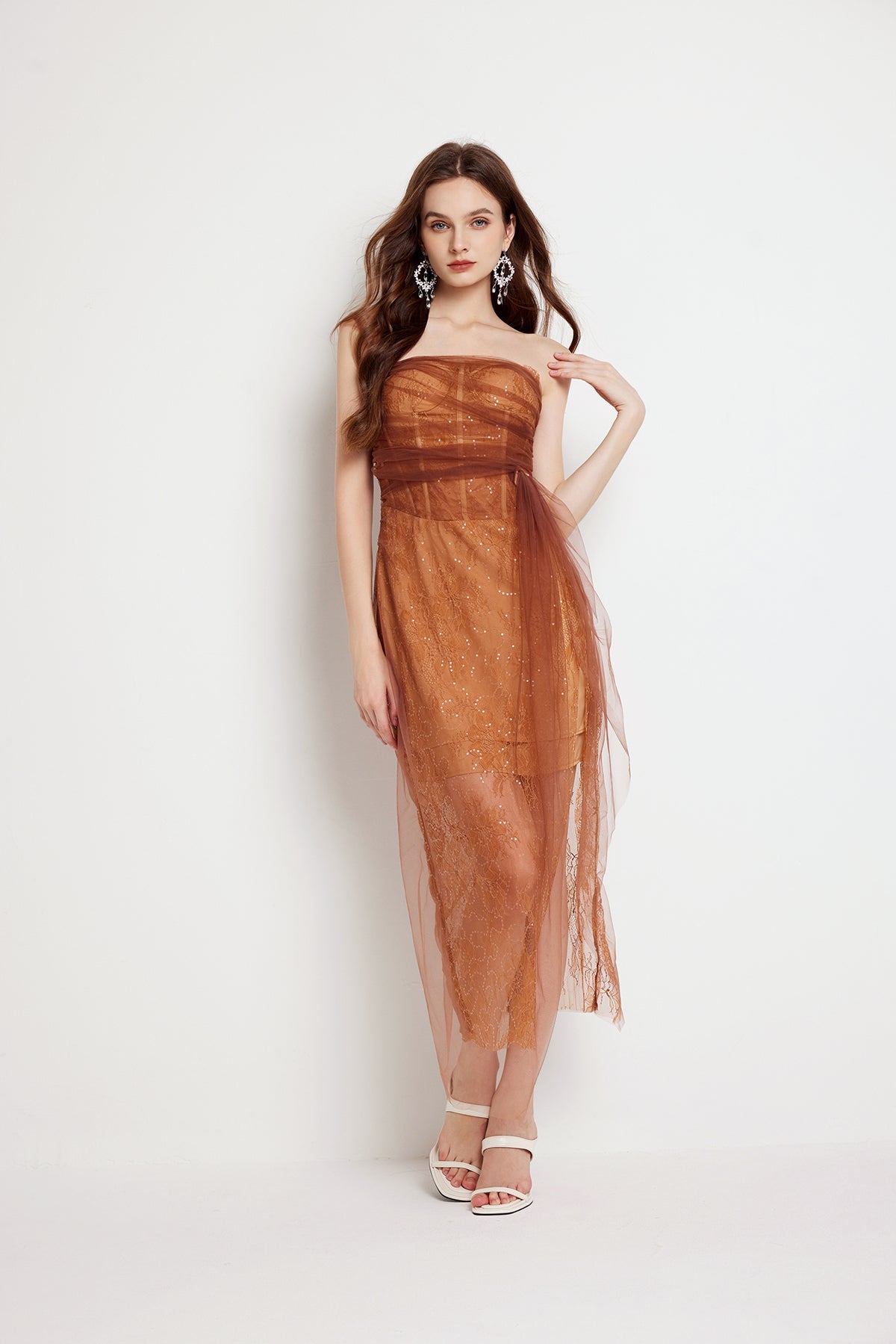 Fishbone Lace Gauze Slit Slim Dress