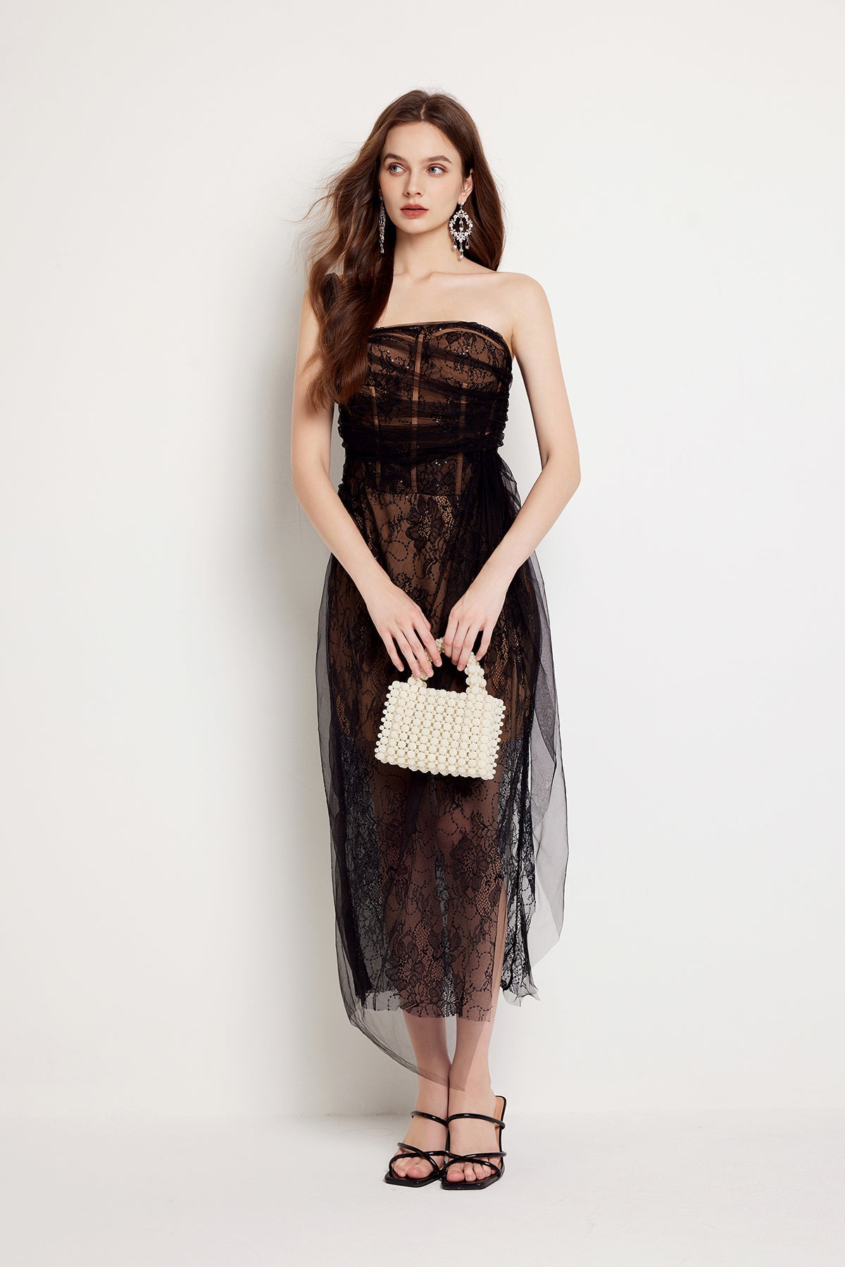 Fishbone Lace Gauze Slit Slim Dress