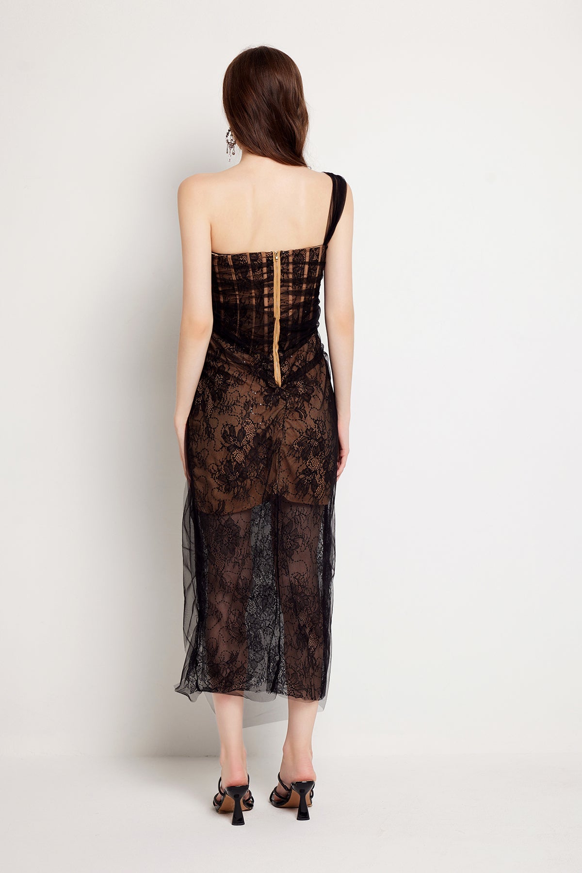 Fishbone Lace Gauze Slit Slim Dress