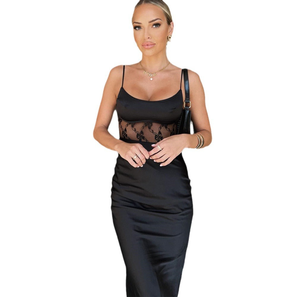 Wear Lace Stitching Satin Sheath Dress