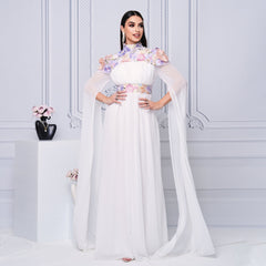 Vestido de noche largo de cóctel bordado de cuello alto de alta gama, vestido de dama de honor con cintura controlada y dobladillo grande