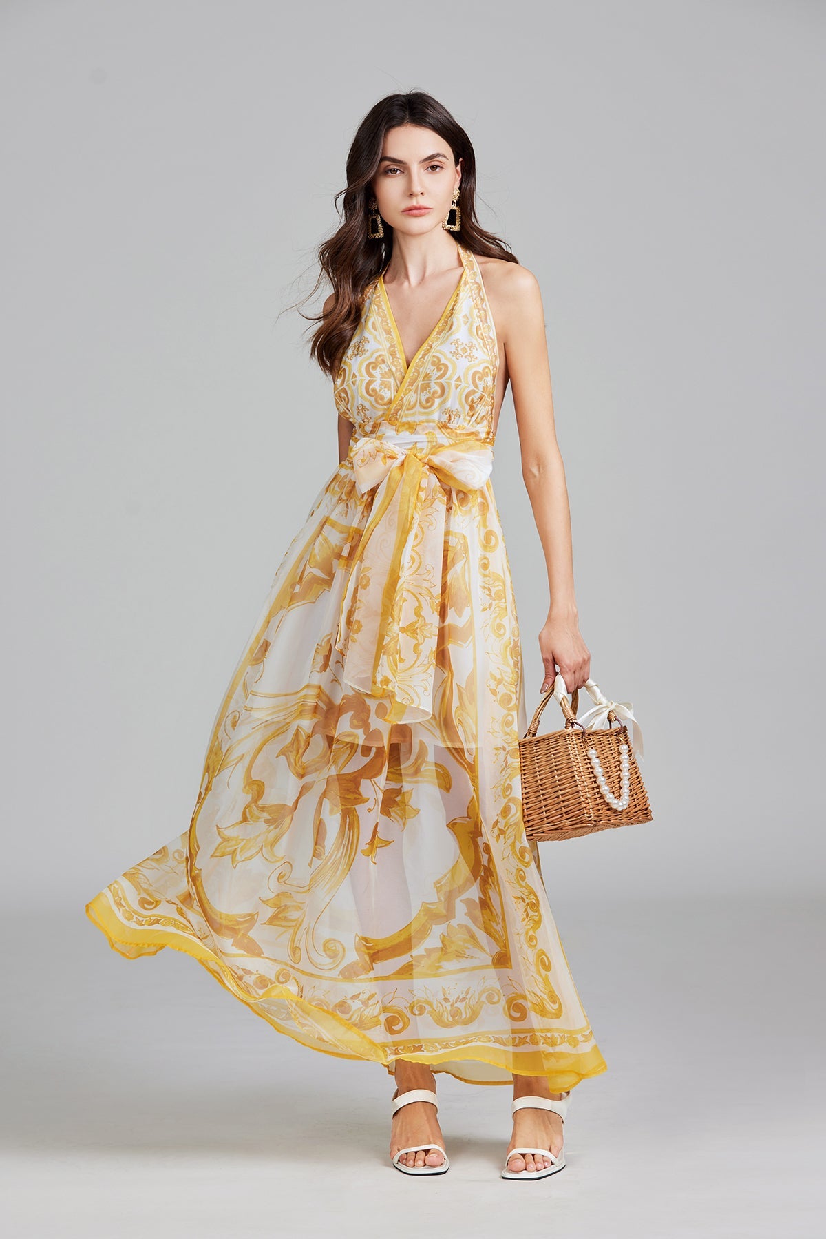 Lace Up Halter High Waist Long Dress