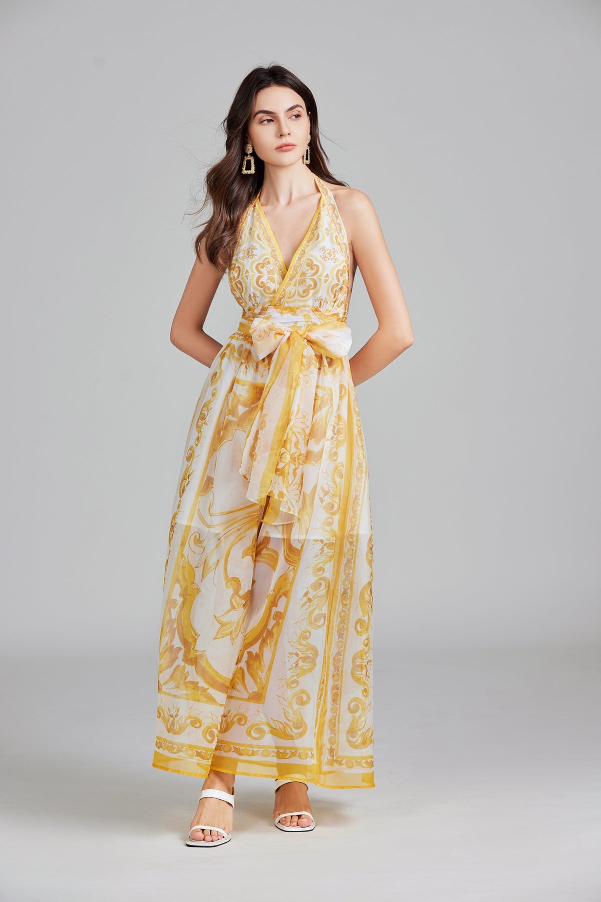 Lace Up Halter High Waist Long Dress