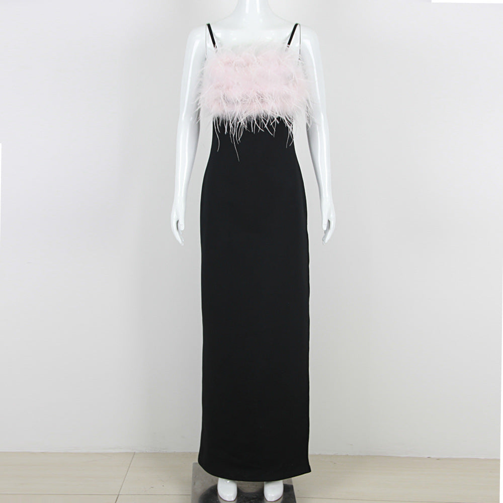 Ostrich Feather Sling Dress Bandage One Piece Dress Dress
