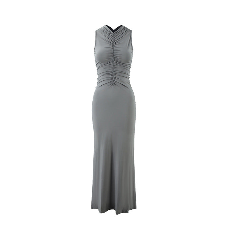 Sleeveless Pleated Solid Color Maxi Dress