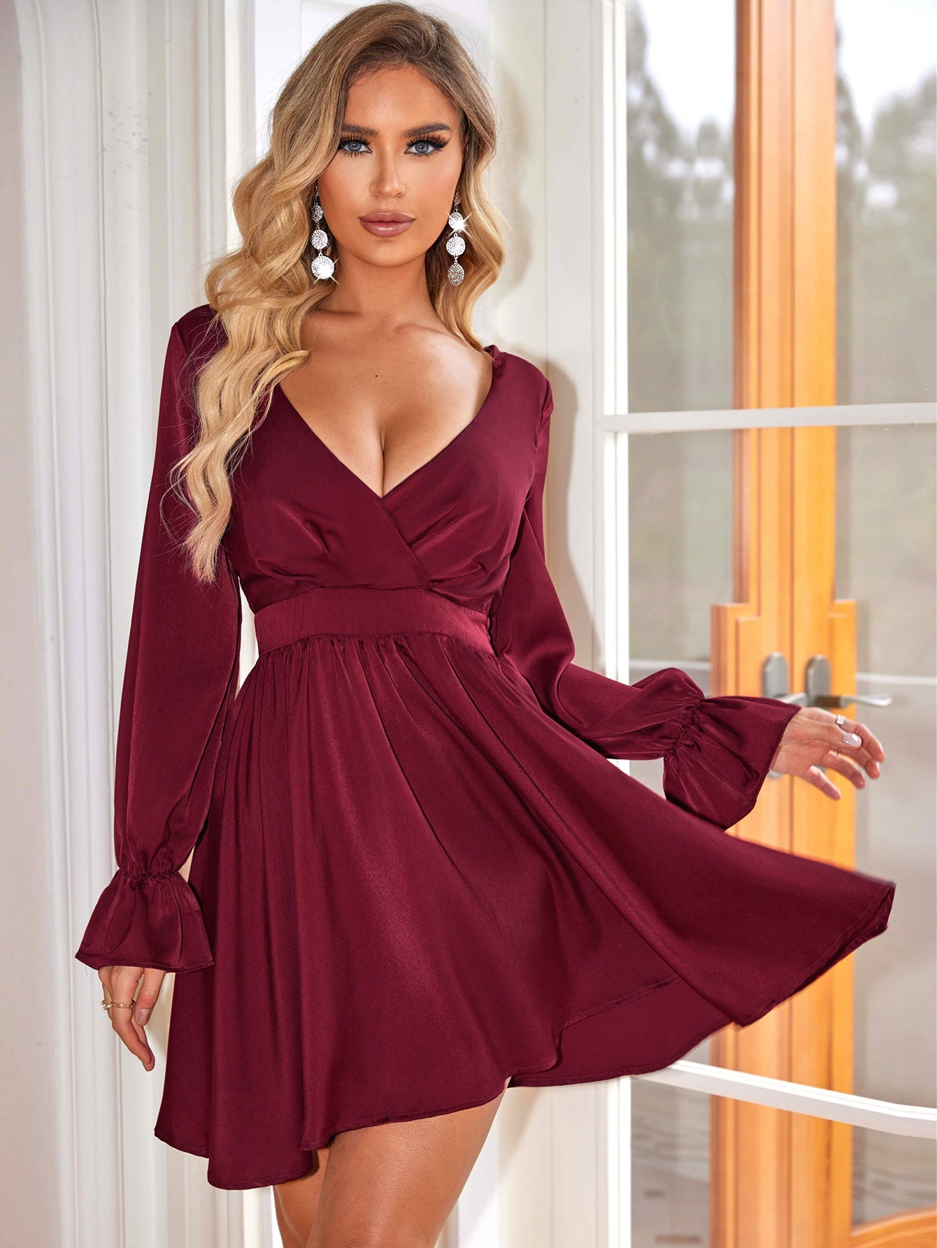 Deep V Plunge neck Dress Wedding Guest Casual Pleated Long Sleeve Lace up Backless Dress