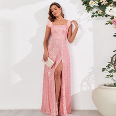 Vestido de lentejuelas con lentejuelas, múltiples usos, tirantes finos, sin mangas, abertura alta, vestido de noche