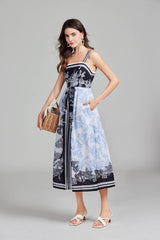 Vestido largo estilo A con cuello halter y estampado