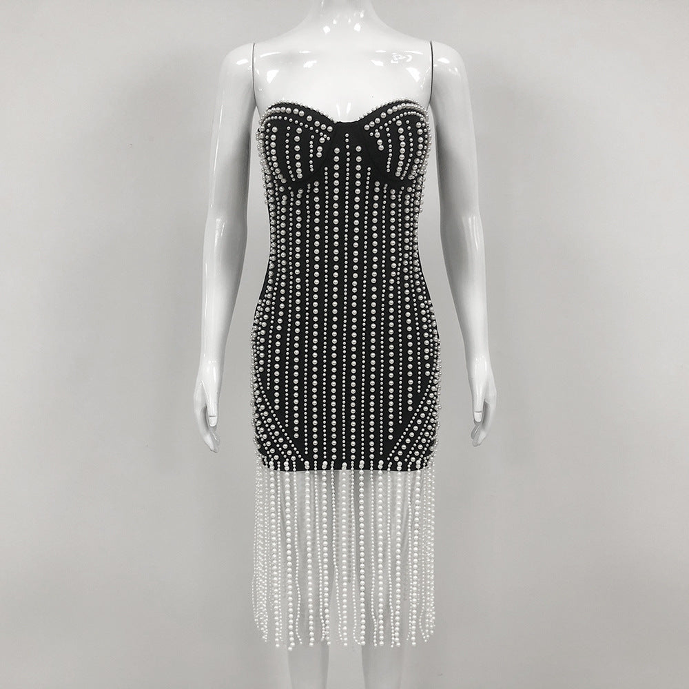 Vestido corto de vendaje con cuentas y parte superior de tubo de la industria pesada