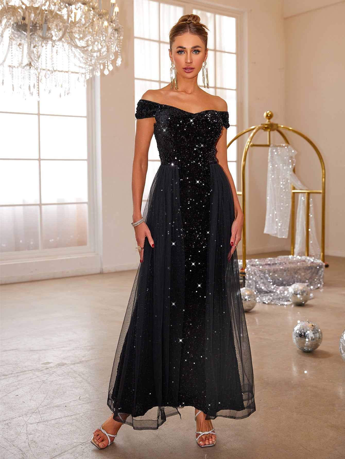 Solid Color Long Sleeveless Slim Big Swing Dress Evening Dress