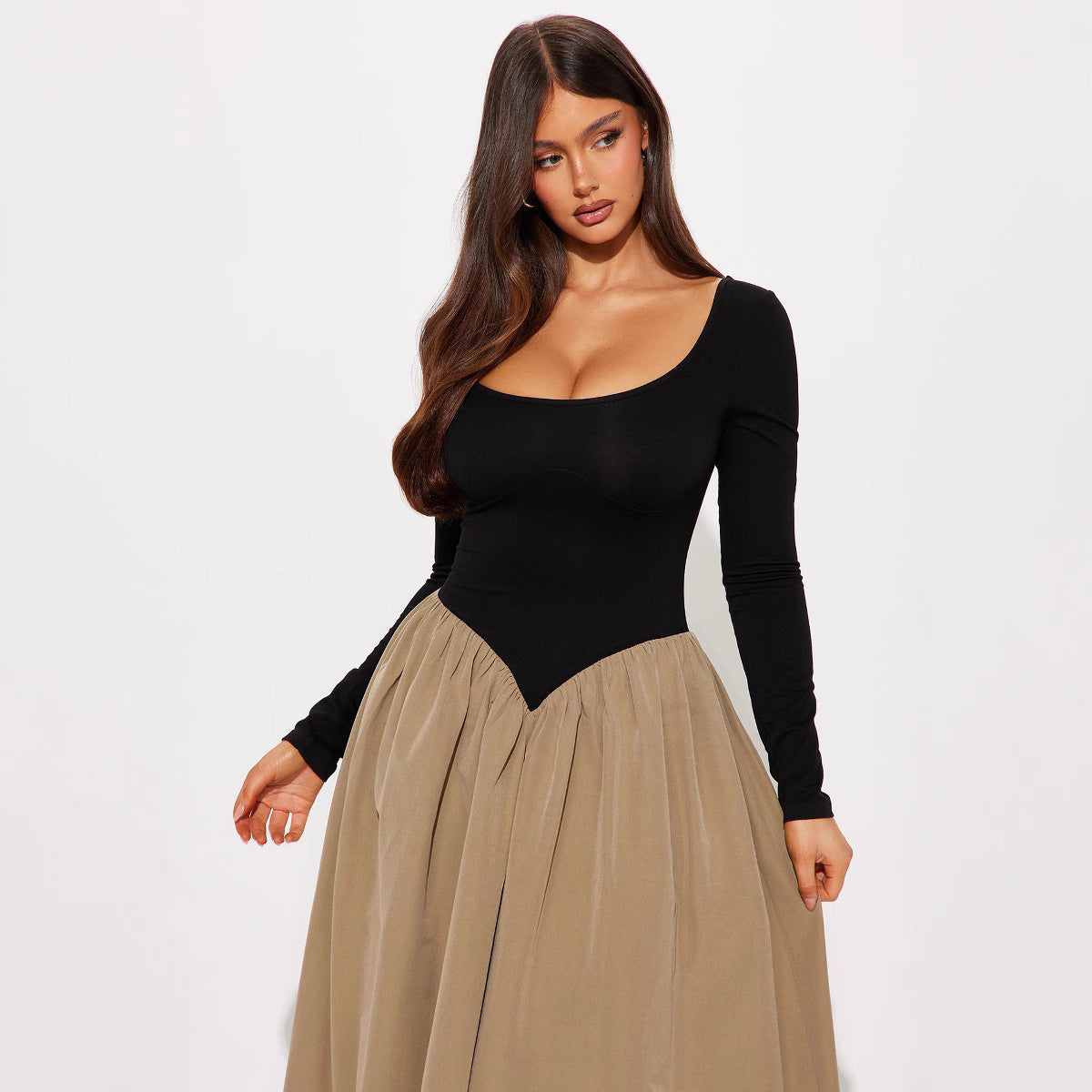 Long Elegant round Neck Backless Upper Body Tight Large Swing Dress Stitching Dress