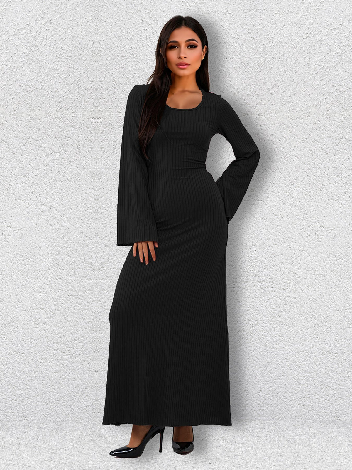 Vestido de manga larga con escote en U y tiras en las axilas grandes