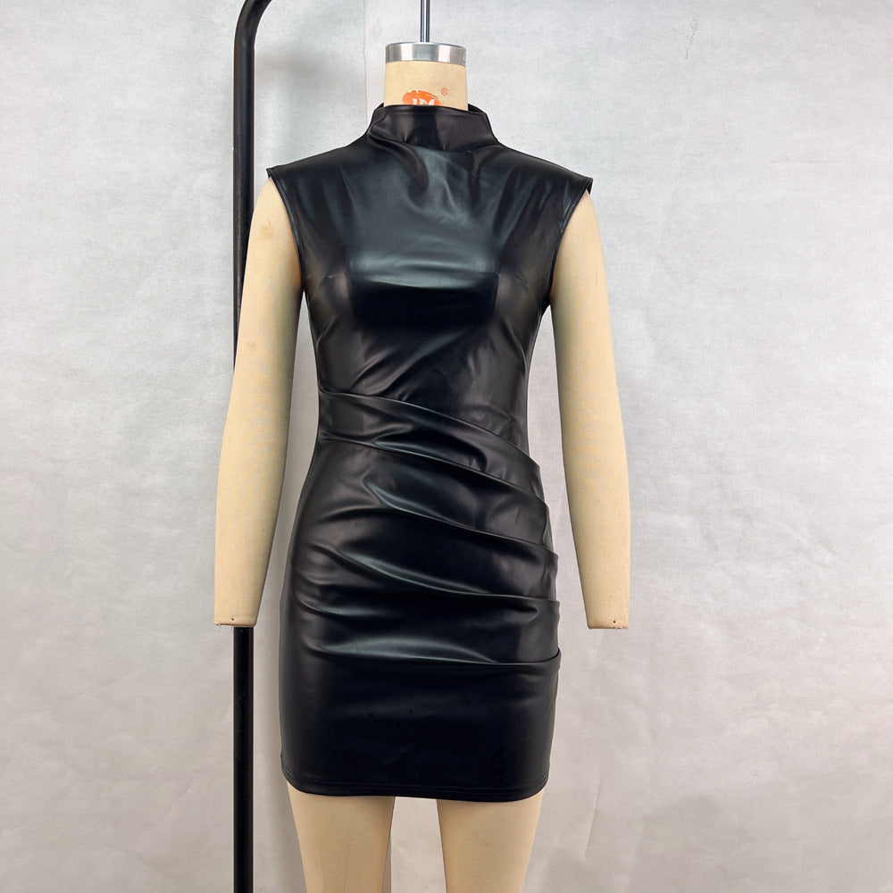 Vestido estilo hipster de piel sintética, sin mangas, cuello alto y mangas largas, plisado
